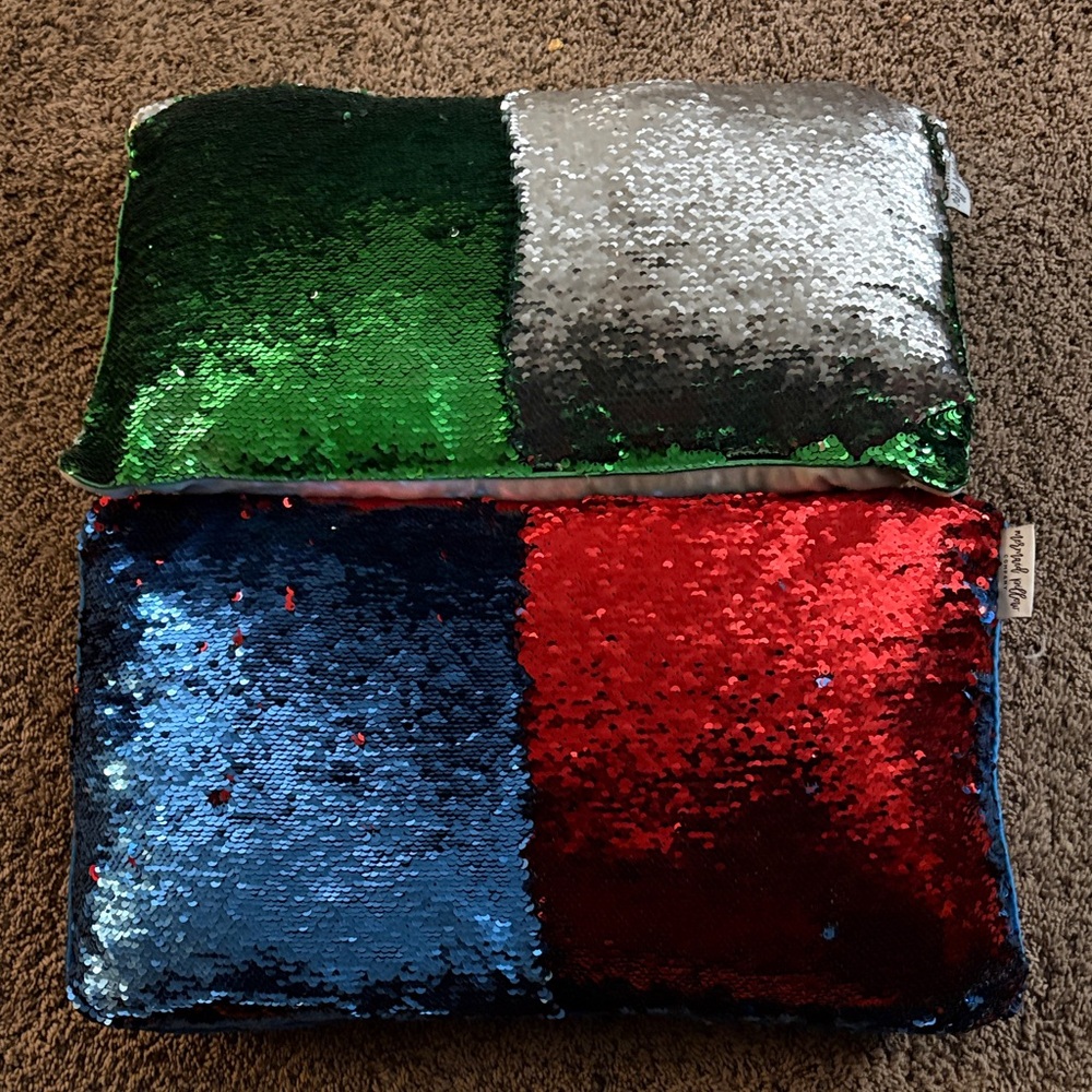 Reversible Sequin Pillow Set - Green, Silver, Blue, Red